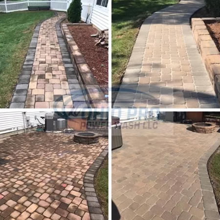 Before and after of paver cleaning showing weed removal on a lancaster patio
